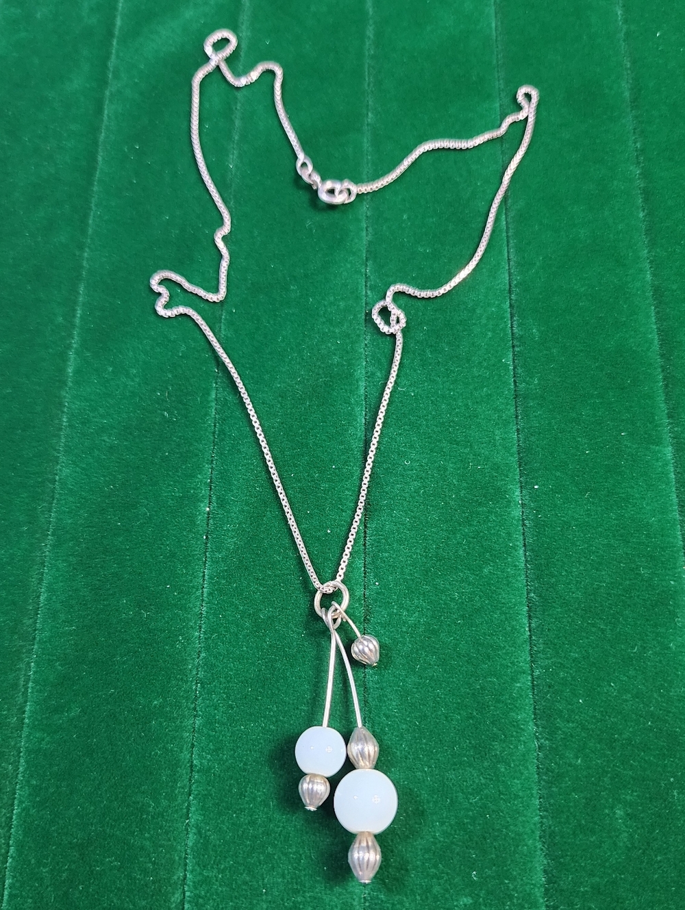Vintage 80s Sterling Silver White Bead Pendant Lariat  Necklace - Picture 7 of 9